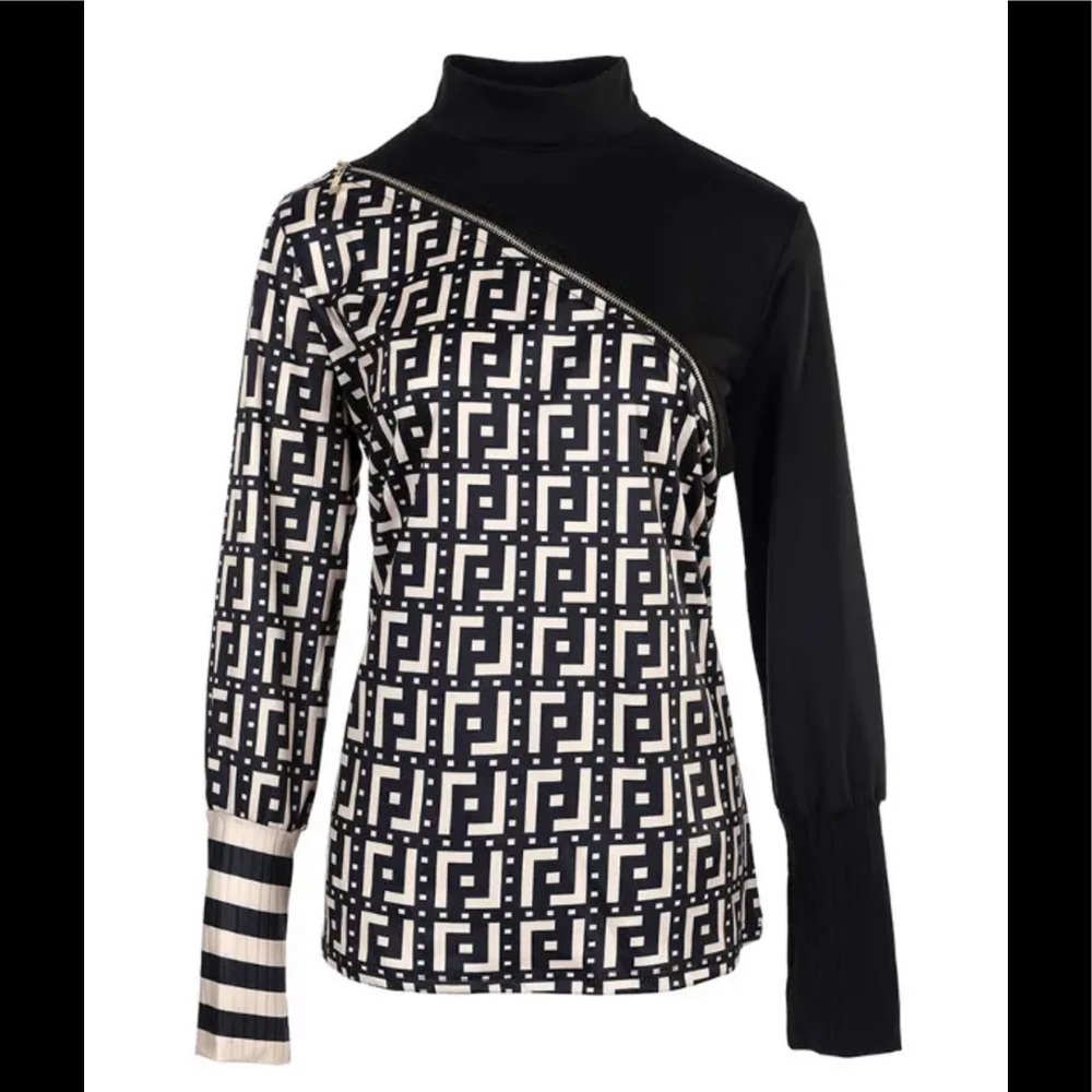 🎉New Modern Sexy Geometric Print Zipper One Shoulder Sleeve Top - Picture 4 of 10